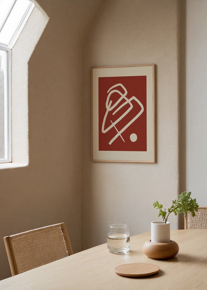 Kırmızı zemin üzerinde soyut çizgisel figür içeren minimal modern duvar posteri