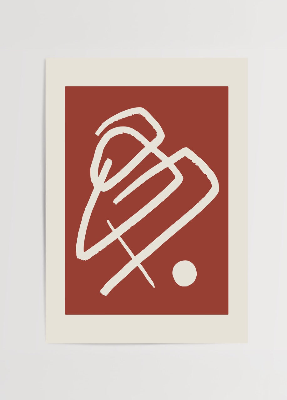 Kırmızı zemin üzerinde soyut çizgisel figür içeren minimal modern duvar posteri