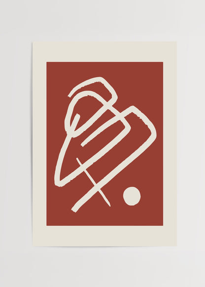 Kırmızı zemin üzerinde soyut çizgisel figür içeren minimal modern duvar posteri