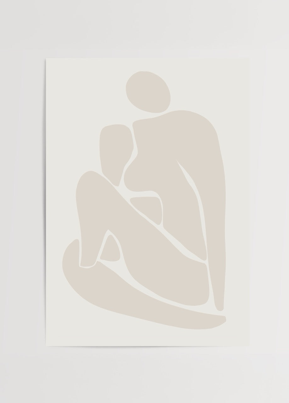 Minimal bej tonlarında soyut kadın figürü çizimi poster baskı
