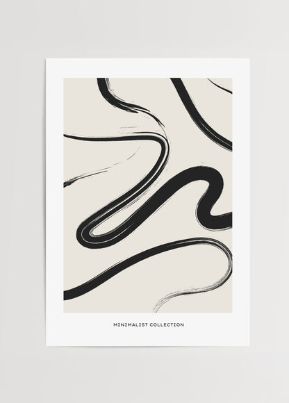 Bej zemin üzerine siyah fırça darbeleriyle tasarlanmış minimalist soyut poster