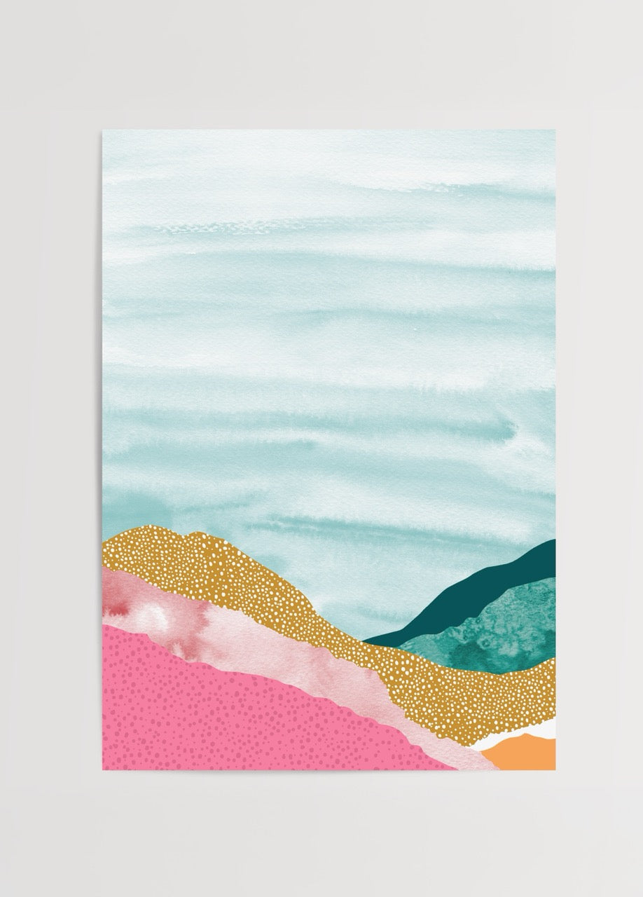 Soyut manzara poster, pembe turuncu ve yeşil pastel tonlarda modern minimalist duvar dekoru
