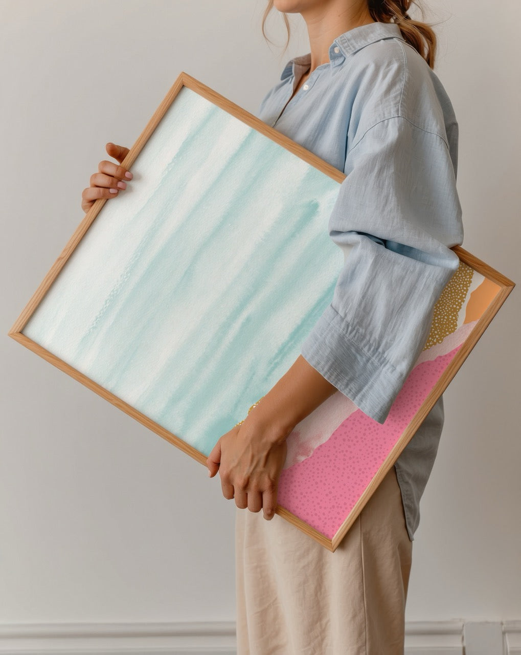 Soyut manzara poster, pembe turuncu ve yeşil pastel tonlarda modern minimalist duvar dekoru
