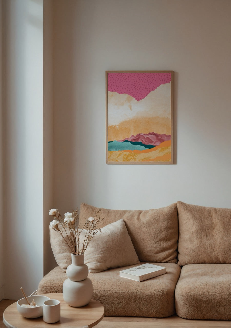 Pembe, turuncu ve mavi tonlarda soyut manzara kolaj posteri