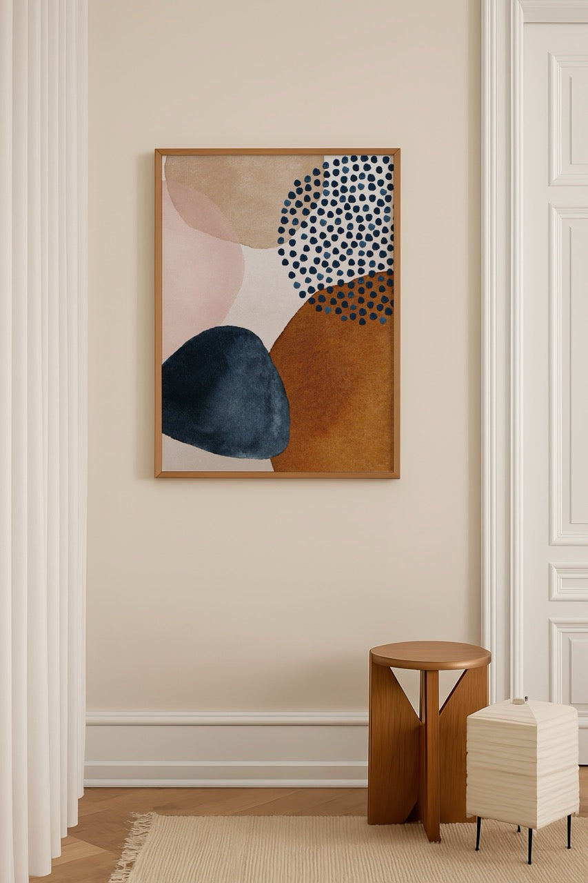 Modern tasarımlı, noktalı desenli ve renk bloklarından oluşan soyut poster baskı