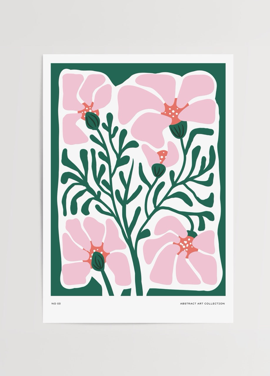 Canlı yeşil zemin üzerinde pembe soyut çiçek illüstrasyonu içeren modern poster tasarımı