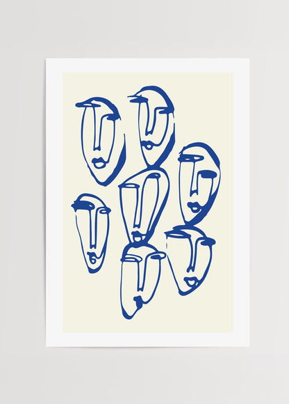 Mavi tek çizgi soyut yüz figürleriyle tasarlanmış modern poster baskı