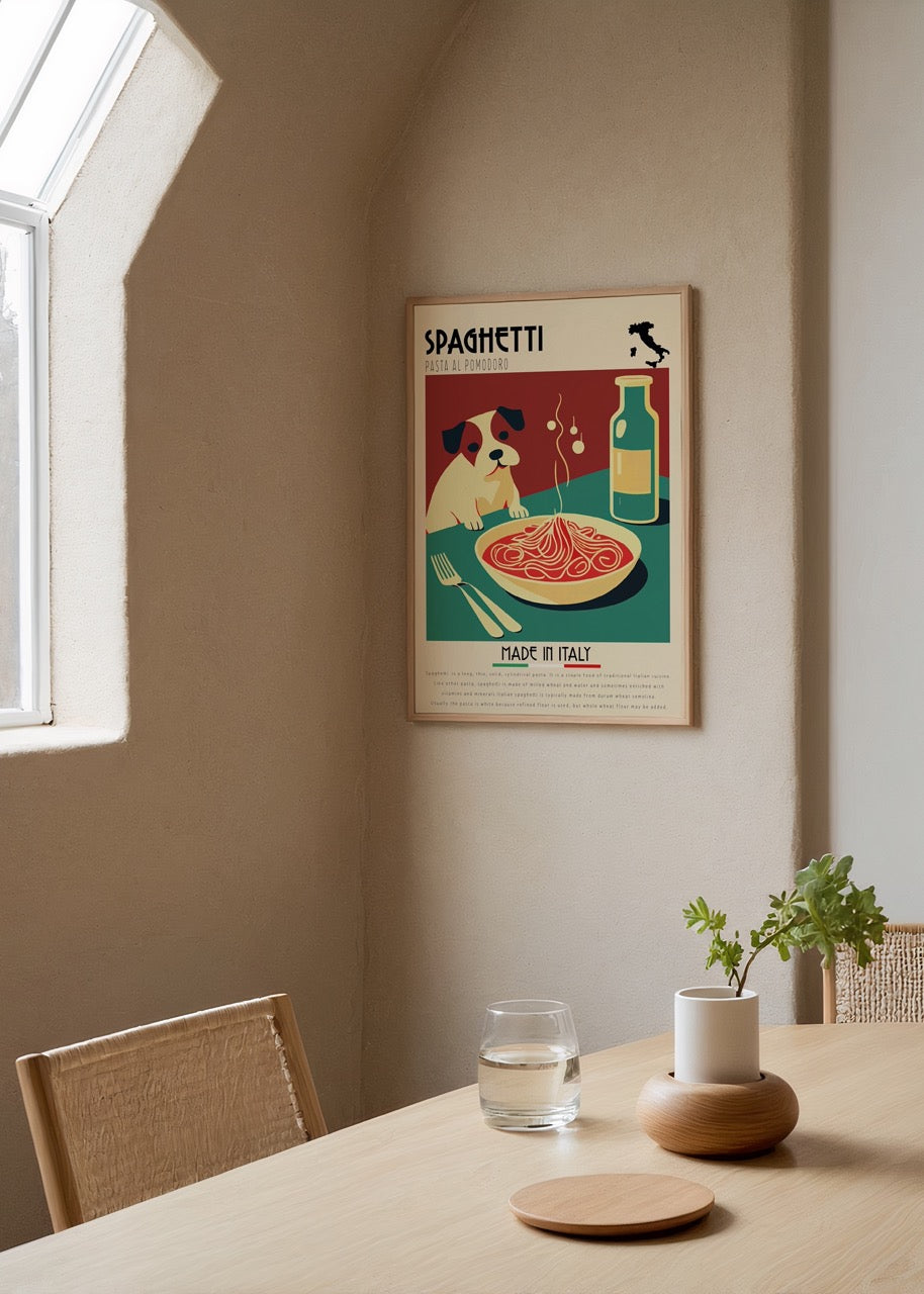 Masada spagetti tabağına bakan sevimli köpek illüstrasyonlu spaghetti al pomodoro poster baskı