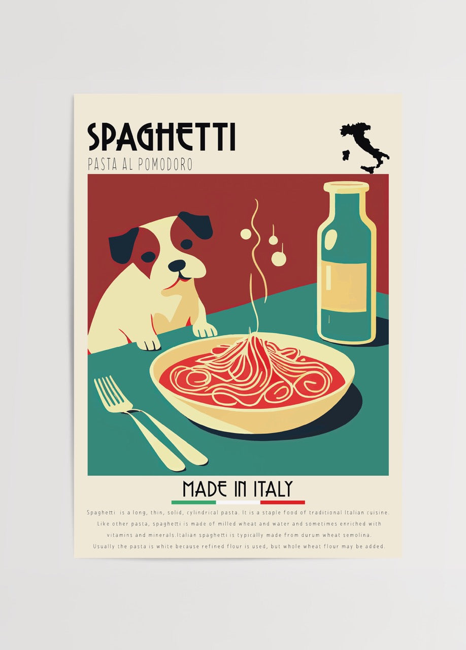 Masada spagetti tabağına bakan sevimli köpek illüstrasyonlu spaghetti al pomodoro poster baskı