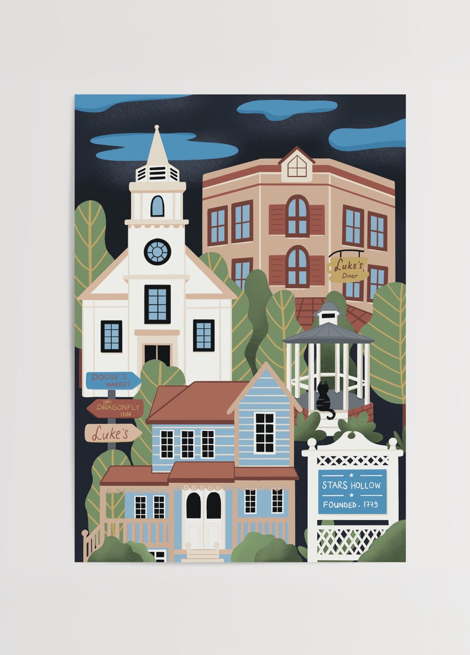 Özge Özcan Stars Hollow posteri; Gilmore Girls kasabasını yansıtan Luke’s Diner ve Doose’s Market illüstrasyonu.