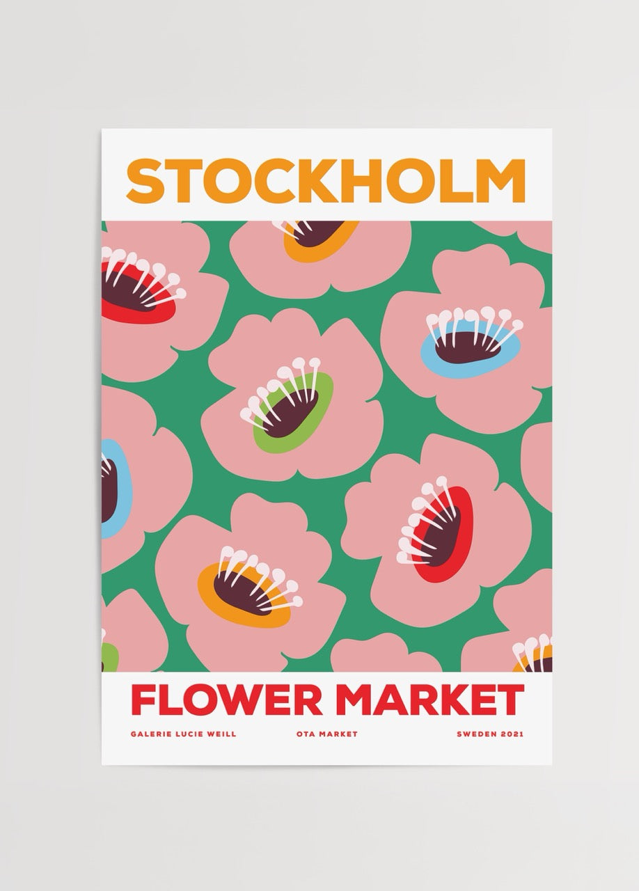Stockholm Flower Market posteri, retro tarzda pembe çiçek illüstrasyonu, yeşil arka plan üzerinde dekoratif sanat baskısı.