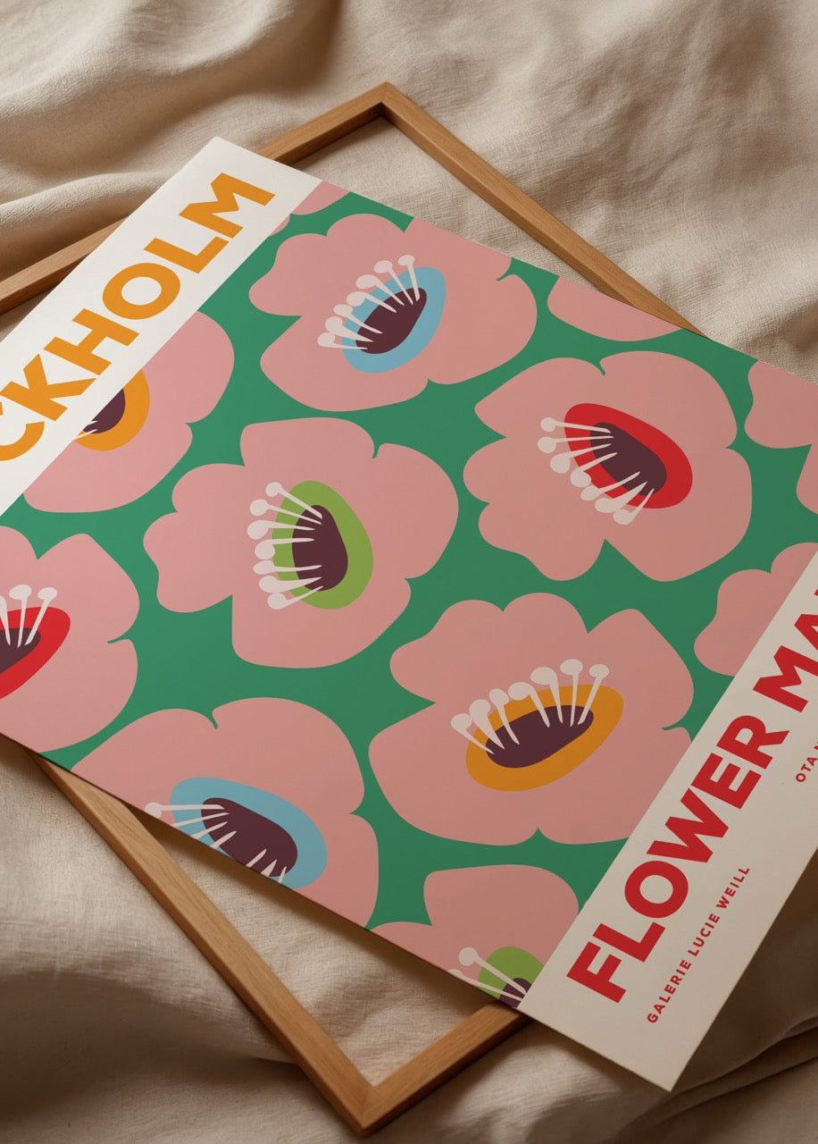 Stockholm Flower Market posteri, retro tarzda pembe çiçek illüstrasyonu, yeşil arka plan üzerinde dekoratif sanat baskısı.