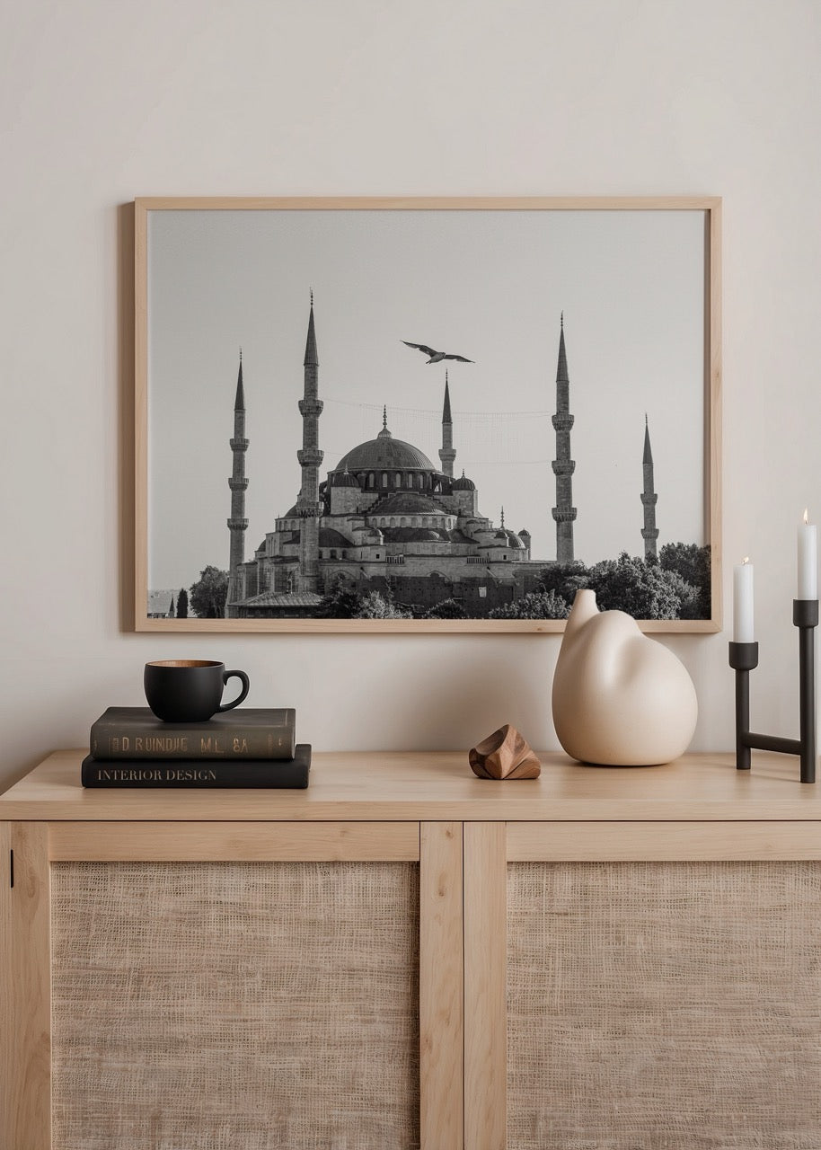 sultanahmet camii siyah beyaz mimari fotograf poster istanbul

