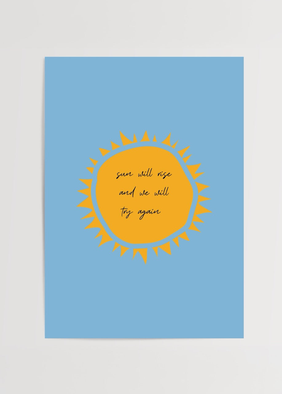 Sun Will Rise yazılı mavi arka plan ve sarı güneş illüstrasyonlu motivasyon posteri