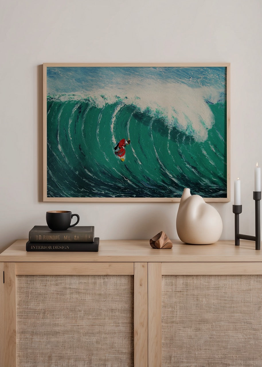 Turkuaz dev dalgada sörf yapan kız figürü – Surfer Girl poster baskı