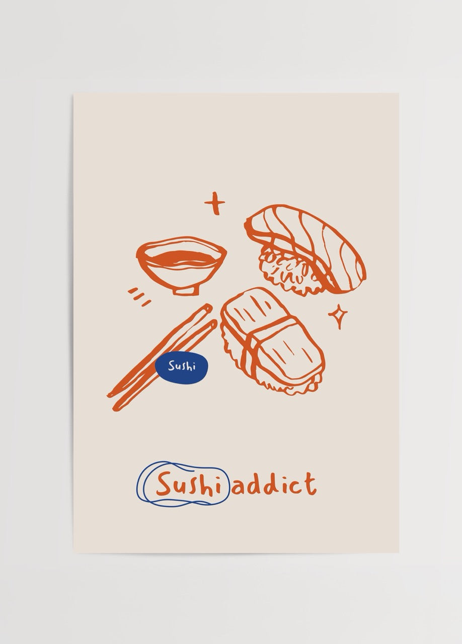 Turuncu çizimle hazırlanmış sushi illüstrasyonu ve “Sushi Addict” yazılı poster tasarımı