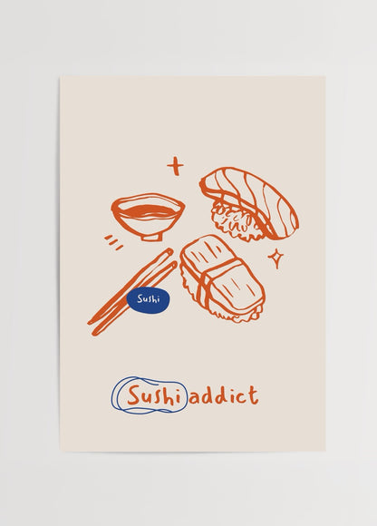 Turuncu çizimle hazırlanmış sushi illüstrasyonu ve “Sushi Addict” yazılı poster tasarımı