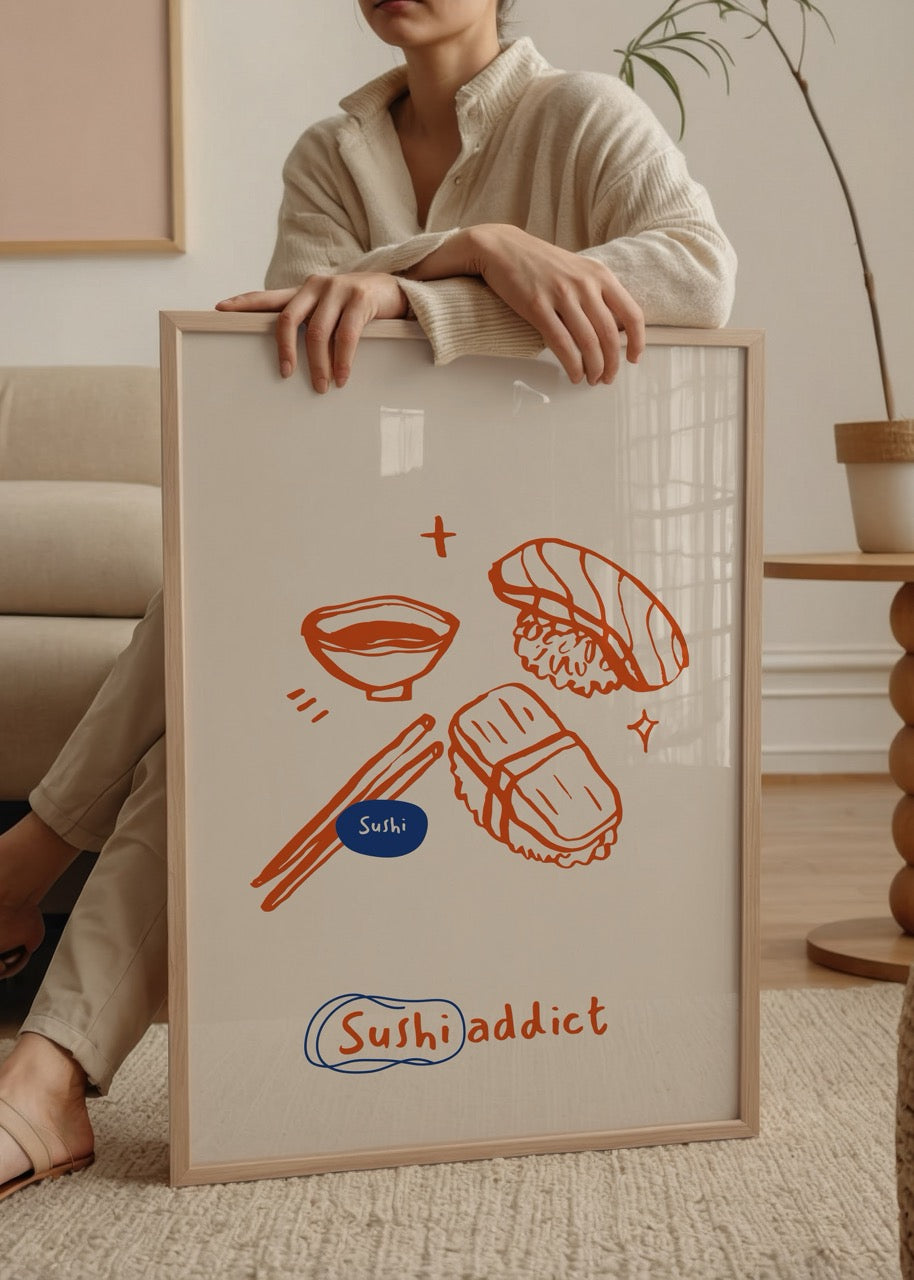 Turuncu çizimle hazırlanmış sushi illüstrasyonu ve “Sushi Addict” yazılı poster tasarımı