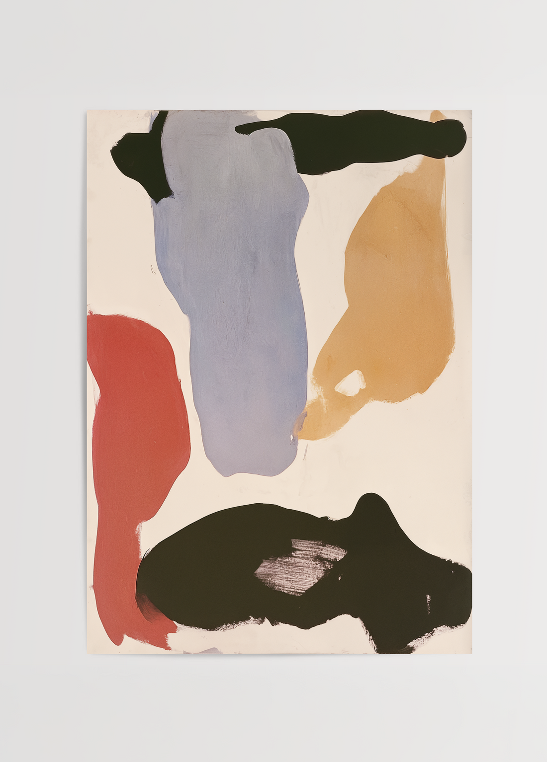 Léa Morel Suspended Forms; soluk mavi, bej, kiremit kırmızısı ve siyah organik formları buluşturan minimalist çağdaş soyut art print.
