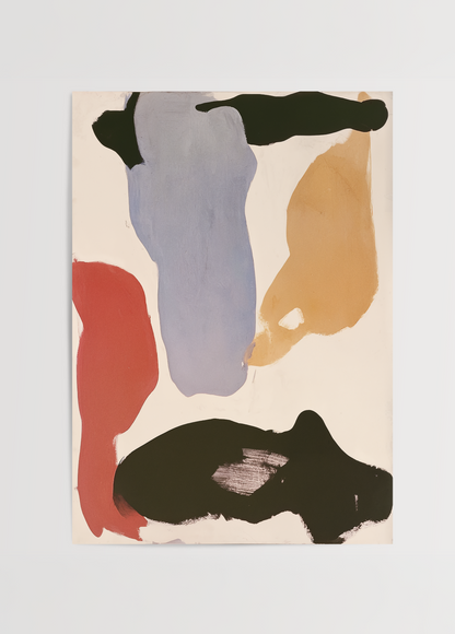 Léa Morel Suspended Forms; soluk mavi, bej, kiremit kırmızısı ve siyah organik formları buluşturan minimalist çağdaş soyut art print.