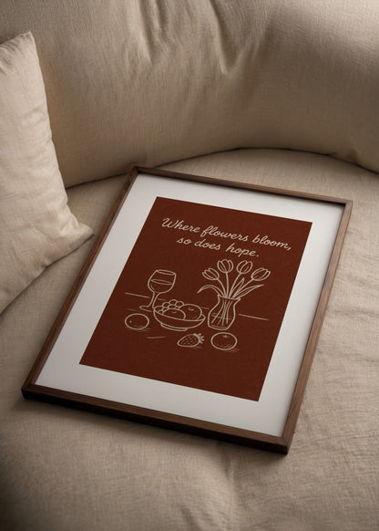 Nida Büyük imzalı Table of Life posteri, çiçekler, meyveler ve şarap kadehi çizimli minimalist tasarım
