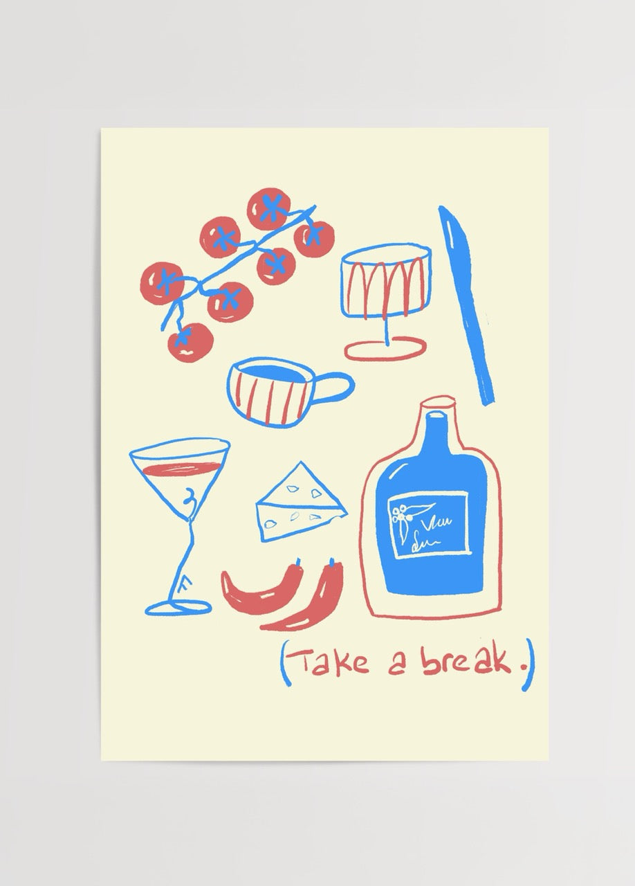 Fulya Genç’in “Take a Break” isimli illüstrasyon posteri, renkli içecek ve yiyecek çizimleriyle eğlenceli bir tasarım.