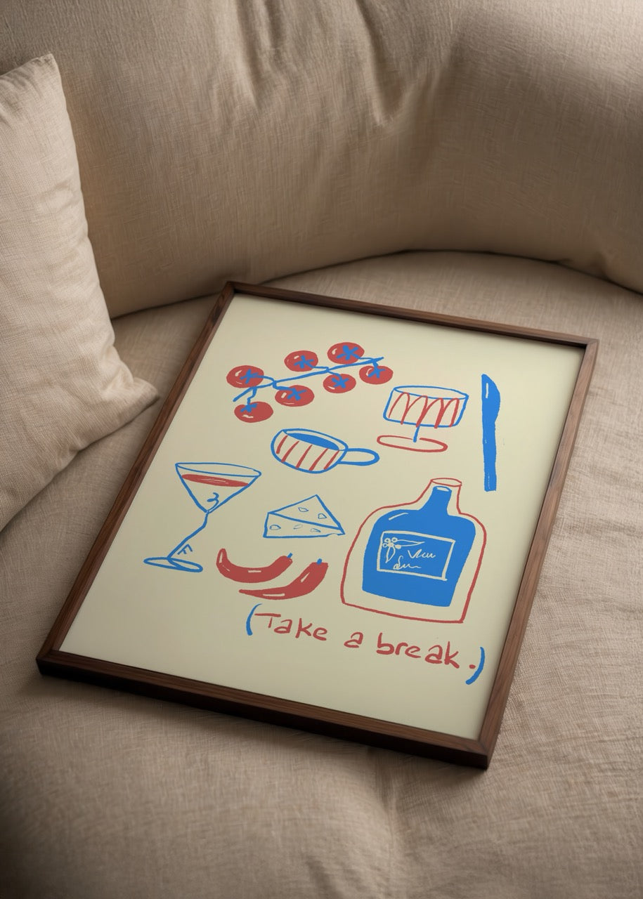 Fulya Genç’in “Take a Break” isimli illüstrasyon posteri, renkli içecek ve yiyecek çizimleriyle eğlenceli bir tasarım.