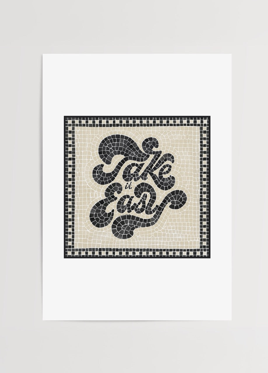 Thola Studio Take It Easy posteri, siyah beyaz mozaik desenli tipografi tasarımıyla modern duvar dekorasyonu.