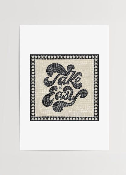 Thola Studio Take It Easy posteri, siyah beyaz mozaik desenli tipografi tasarımıyla modern duvar dekorasyonu.