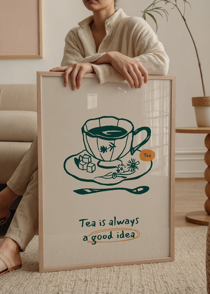 “Tea is always a good idea” yazılı sade çizimli fincan illüstrasyon posteri