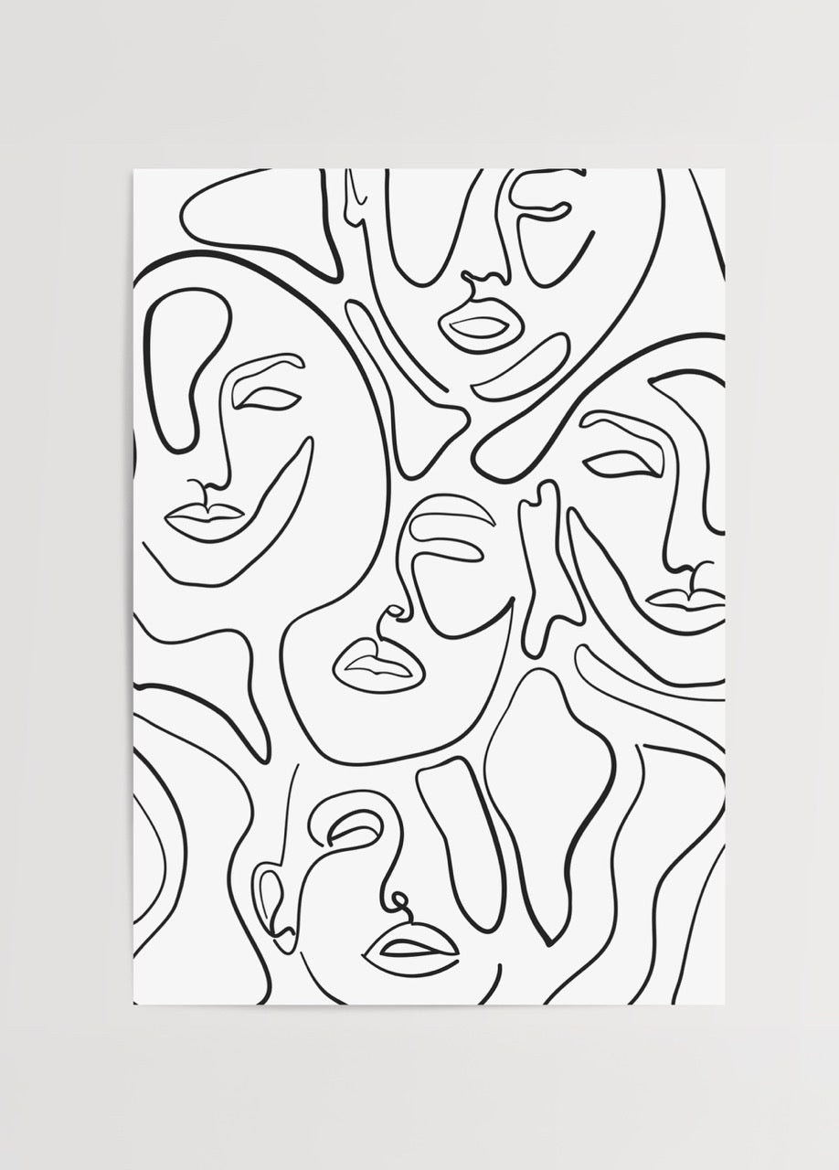 Siyah tek çizgiyle soyut yüzlerden oluşan modern minimalist poster
