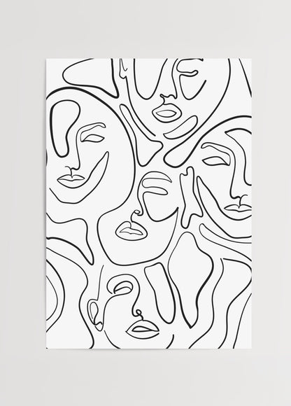 Siyah tek çizgiyle soyut yüzlerden oluşan modern minimalist poster