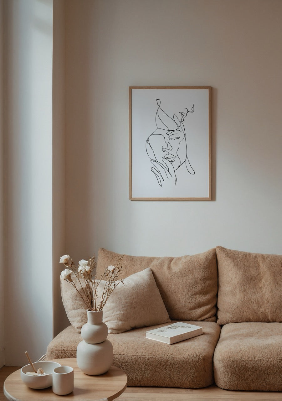 Tek çizgiyle çizilmiş kadın yüzü illüstrasyonu posteri, siyah beyaz modern çizim