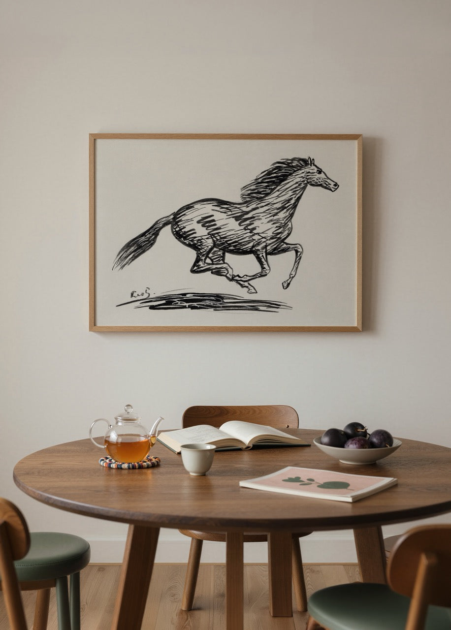Koşan bir atın siyah mürekkep çizgilerle betimlendiği minimalist ve ekspresif sanat posteri.