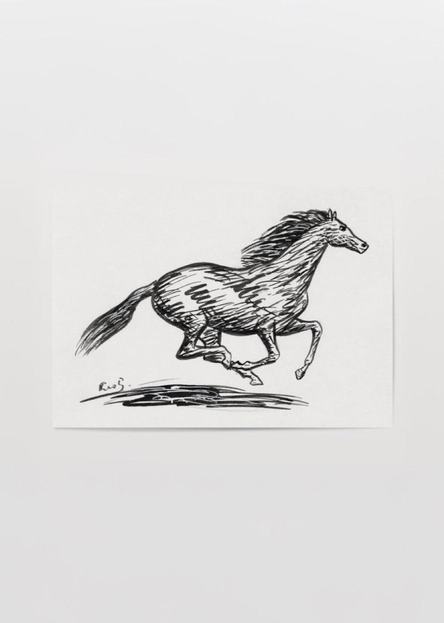 Koşan bir atın siyah mürekkep çizgilerle betimlendiği minimalist ve ekspresif sanat posteri.