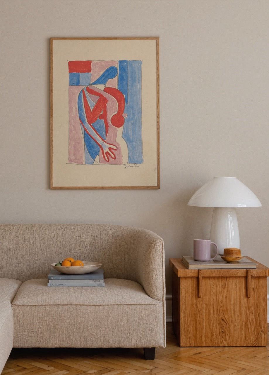 Mavi, kırmızı ve pembe tonlarda geometrik şekillerle oluşturulmuş soyut insan figürü içeren modern sanat posteri.