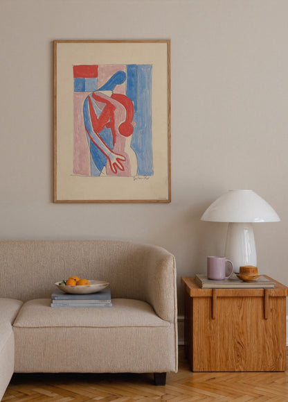 Mavi, kırmızı ve pembe tonlarda geometrik şekillerle oluşturulmuş soyut insan figürü içeren modern sanat posteri.