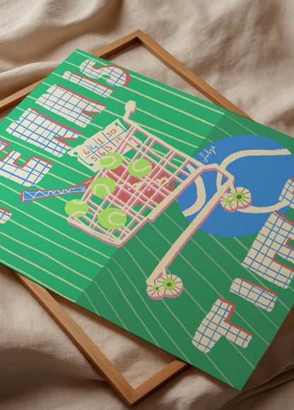 Tennis Time poster – market arabasında tenis topları ve raket ilustrasyonu