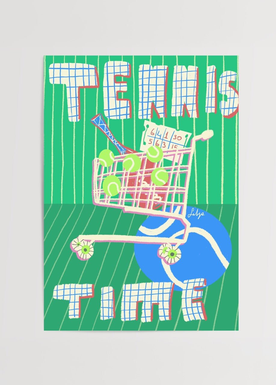 Tennis Time poster – market arabasında tenis topları ve raket ilustrasyonu