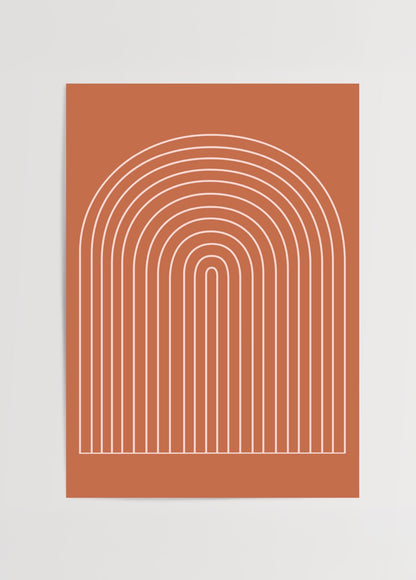 Turuncu zemin üzerine beyaz çizgilerle oluşturulmuş minimal kavisli kemer desenli modern poster.