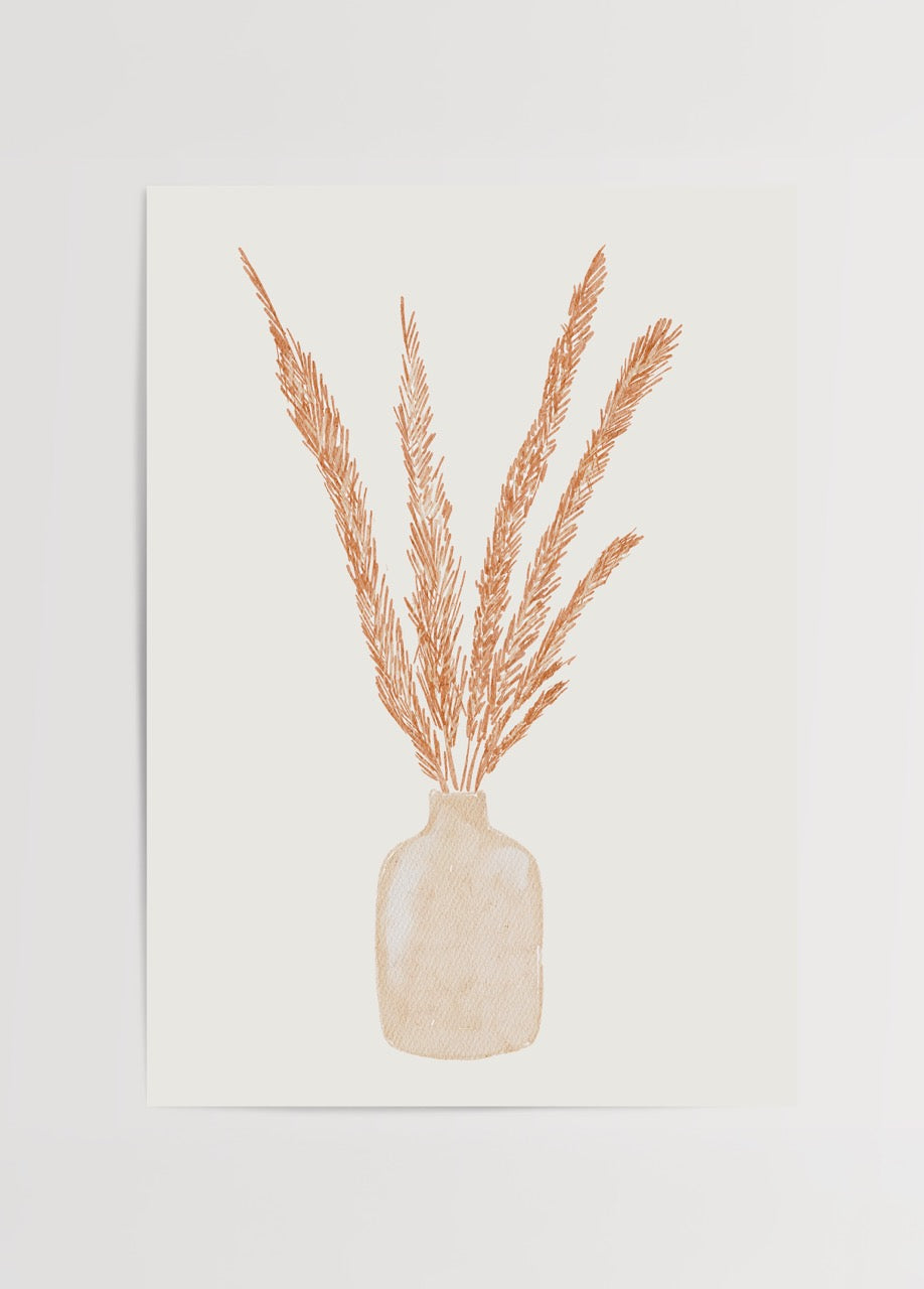 Beyaz zemin üzerinde bej seramik vazo ve içinden çıkan turuncu-kahverengi kuru ot dallarının yer aldığı minimalist doğa temalı poster.