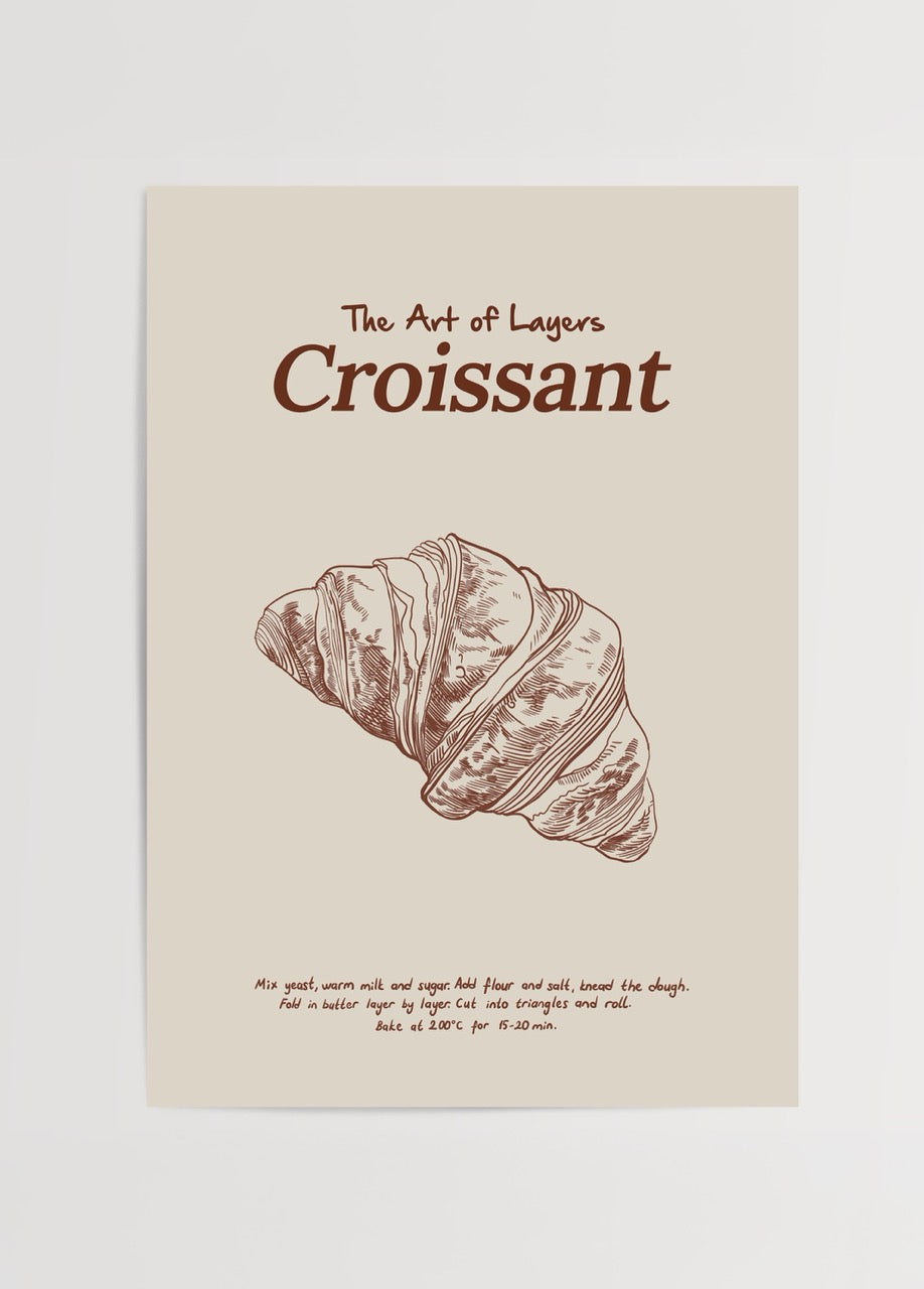 Elif Bilgin’in The Art of Layers Croissant posteri, kruvasan illüstrasyonu, mutfak ve kahve köşesi dekoru.