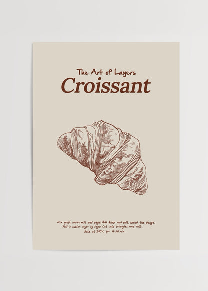 Elif Bilgin’in The Art of Layers Croissant posteri, kruvasan illüstrasyonu, mutfak ve kahve köşesi dekoru.