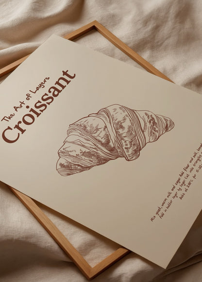 Elif Bilgin’in The Art of Layers Croissant posteri, kruvasan illüstrasyonu, mutfak ve kahve köşesi dekoru.