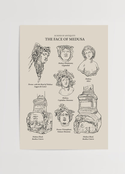 Elif Bilgin’in The Face of Medusa posteri, antik sanat ve mitoloji temalı illüstrasyon, Medusa başı çizimleri.