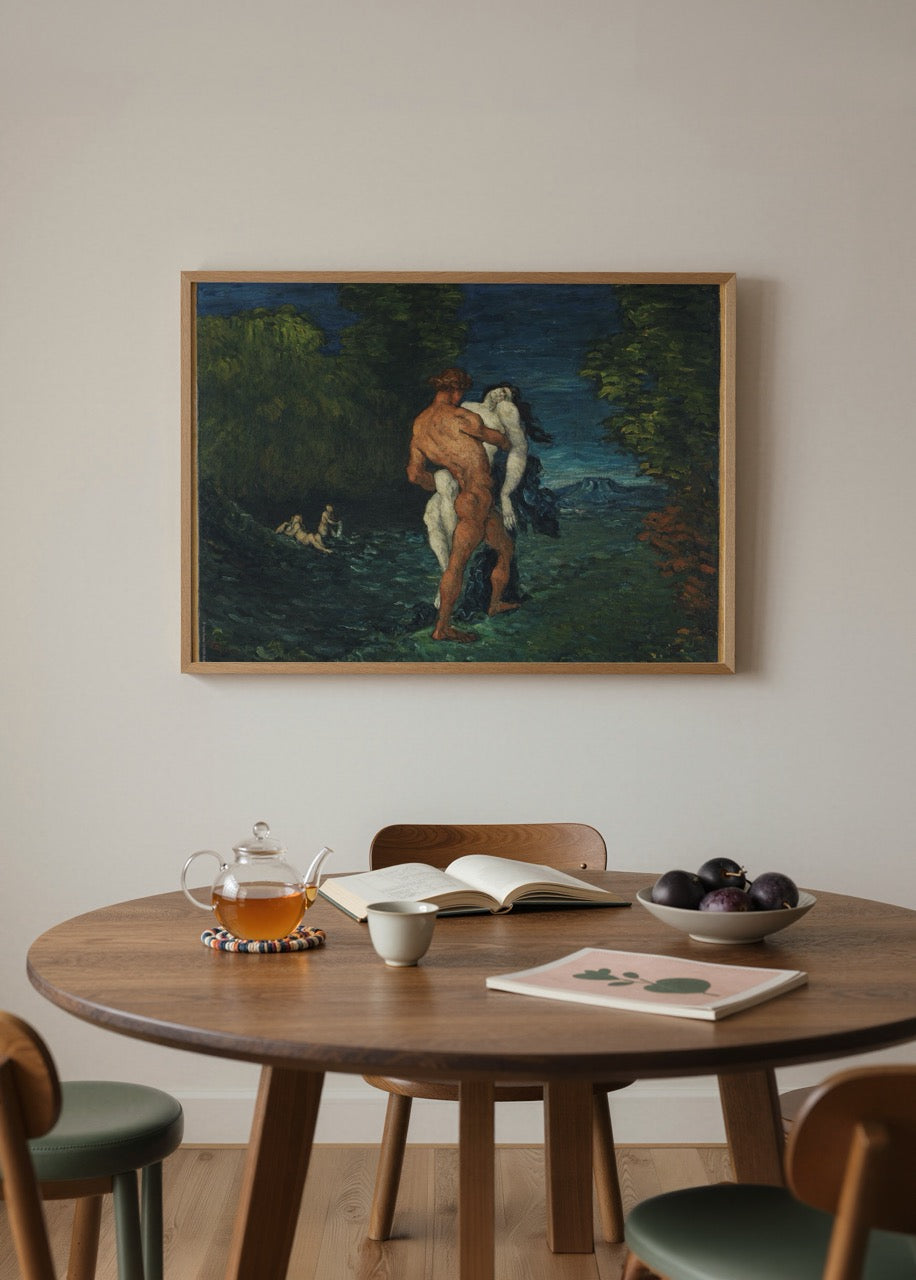 Gece mavisi tonlardaki bir bahçede yer alan figürleri betimleyen klasik figüratif sanat posteri.