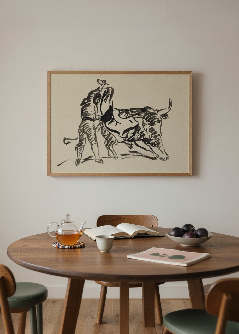 Siyah mürekkep çizgileriyle oluşturulmuş matador ve boğa figürlerini betimleyen ekspresif sanat posteri.