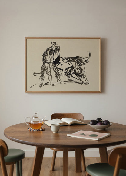 Siyah mürekkep çizgileriyle oluşturulmuş matador ve boğa figürlerini betimleyen ekspresif sanat posteri.