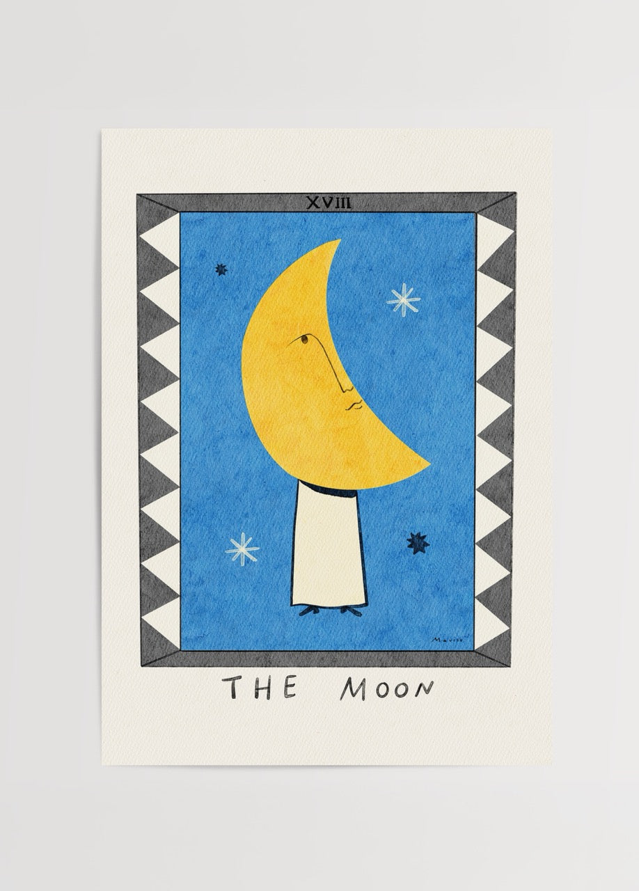 Mavisu Demirağ imzalı The Moon posteri, tarot kartından ilham alan mavi zeminli sarı ay illüstrasyonu ile spiritüel duvar sanatı.