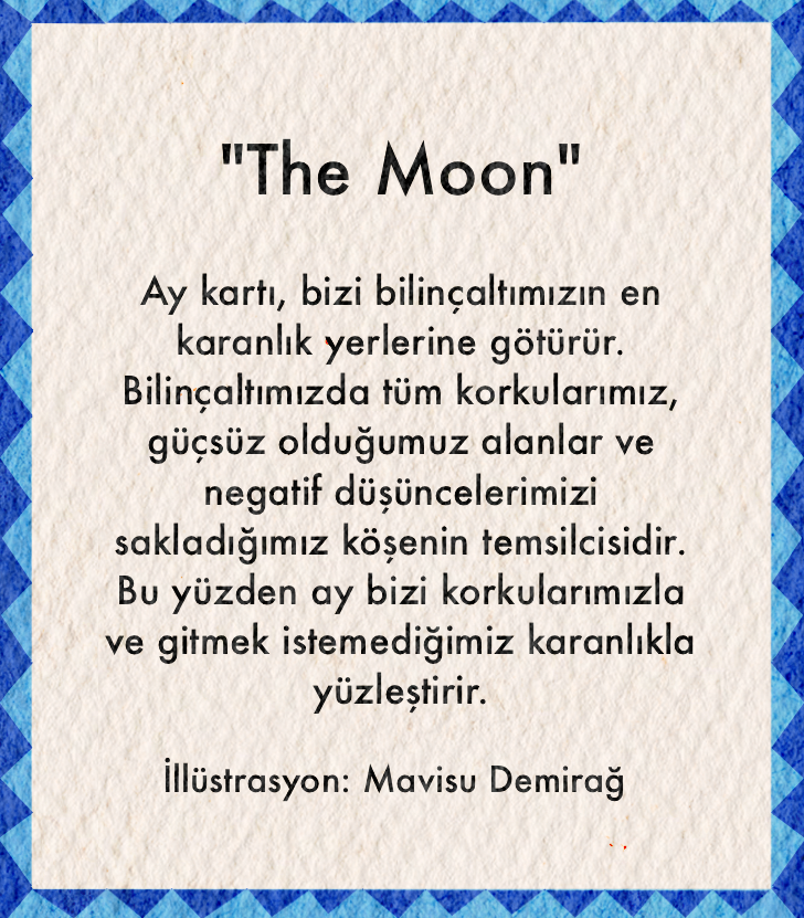 Mavisu Demirağ imzalı The Moon posteri, tarot kartından ilham alan mavi zeminli sarı ay illüstrasyonu ile spiritüel duvar sanatı.